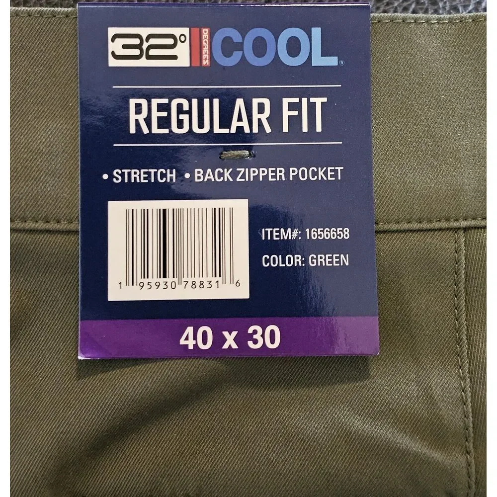 32 Degrees Cool Regular Fit Chino Pants Men's 40x30 Stretch Soft Touch‎ Green